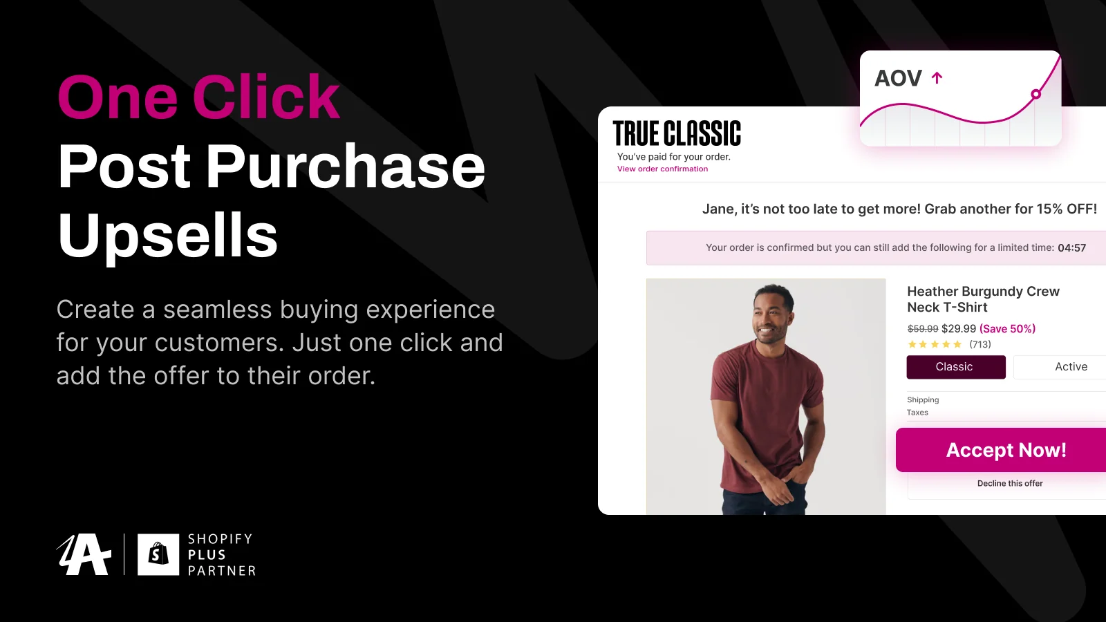 Aftersell listing image: a post-purchase offer page with a T-shirt at a lower price, a timer, and an Accept Now button.