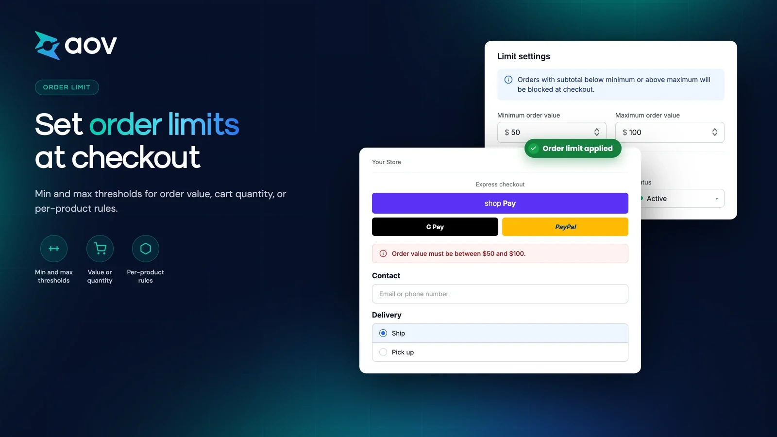 AOV.ai Checkout listing image: minimum and maximum order values in the app, and the error message shown at checkout.