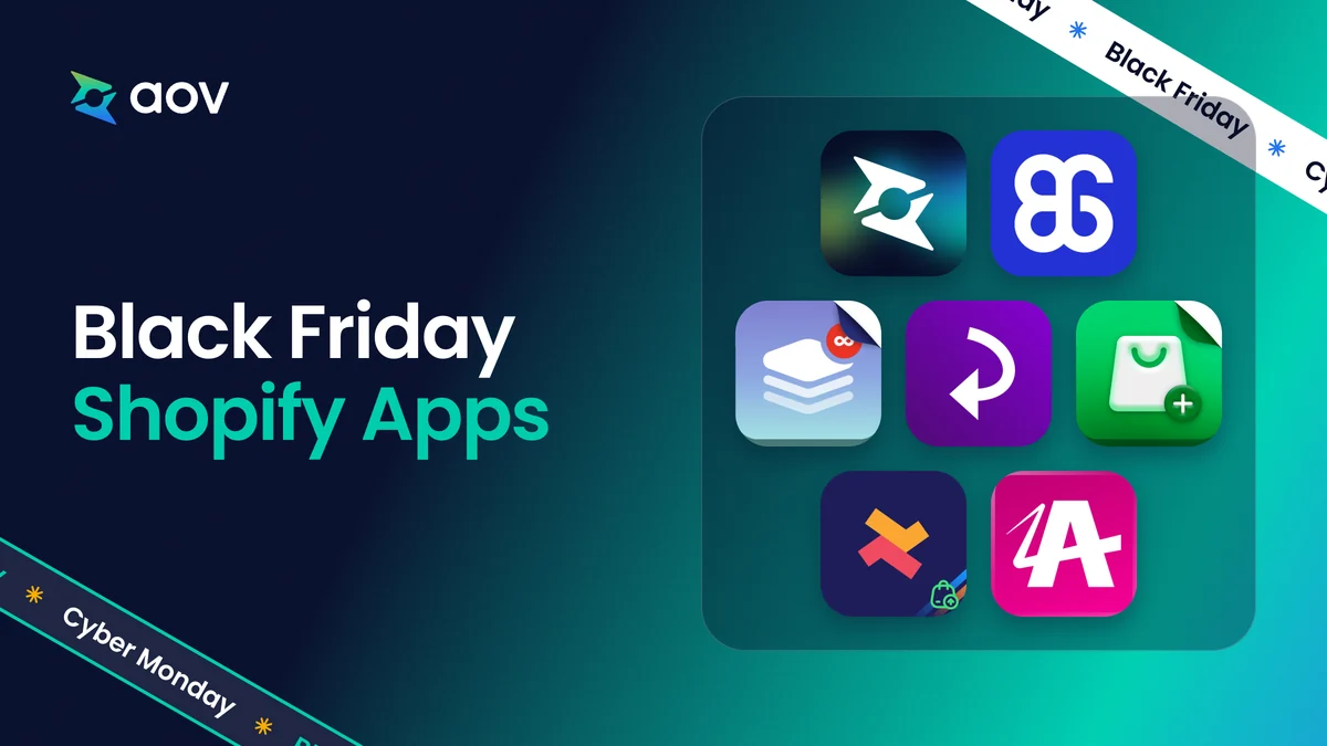 The title Black Friday Shopify Apps beside seven app logos: AOV.ai, BOGOS, two Kaching apps, STOQ, Selleasy, and Aftersell.