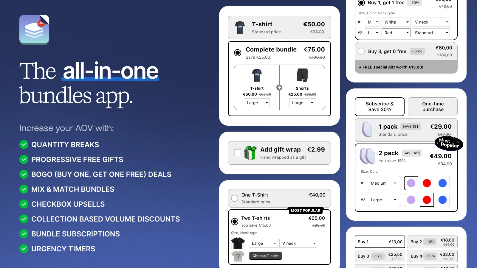 Kaching Bundles listing image: bundle and quantity break widgets from a product page, beside a list of eight offer types.