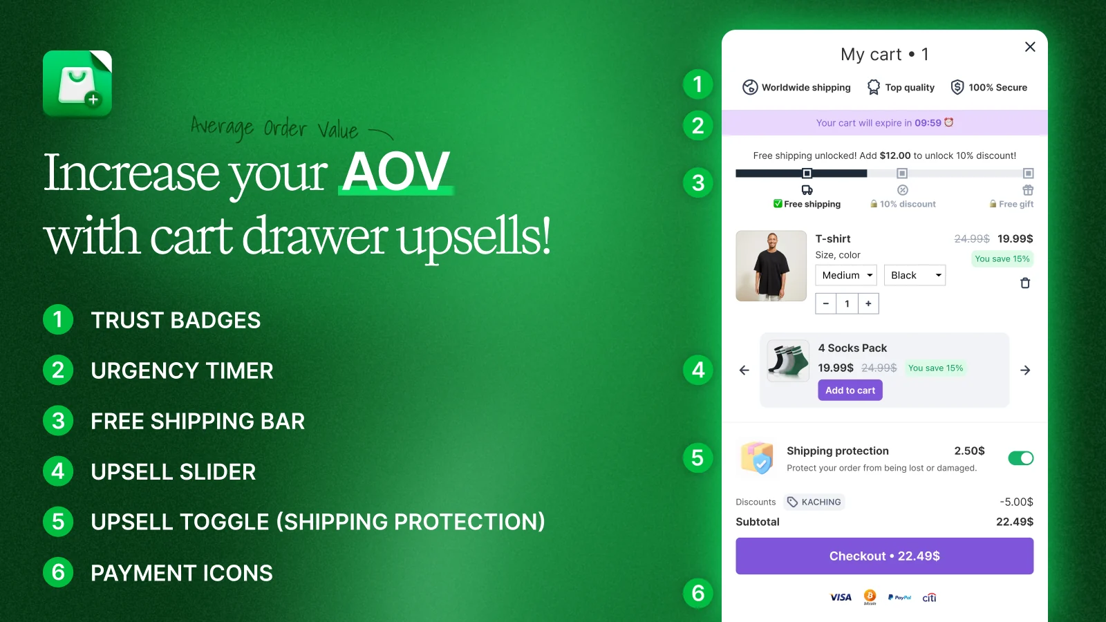 Kaching Cart Drawer listing image: a cart drawer with trust badges, a timer, a free shipping bar, and an upsell slider.