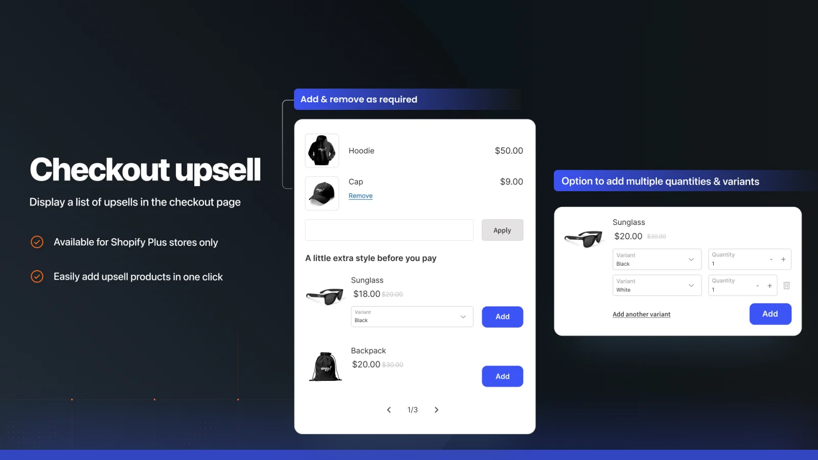 Selleasy listing image: a list of upsell products on the checkout page, with an Add button for each product.