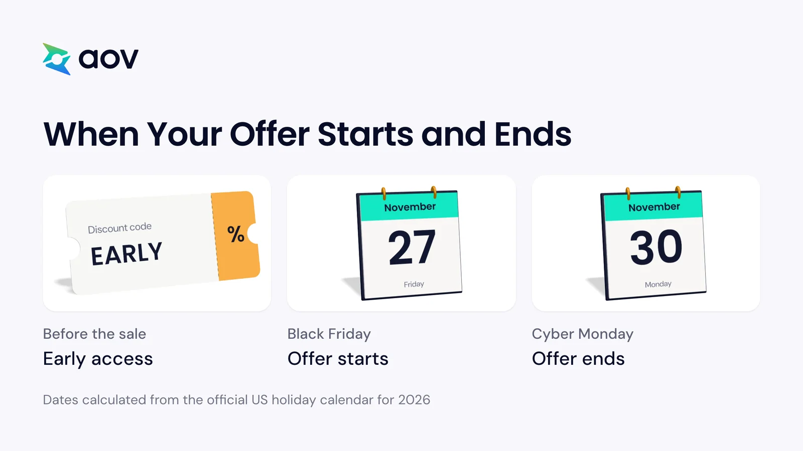 A discount code for early access, then two desk calendars: the offer starts on 27 November and ends on 30 November.