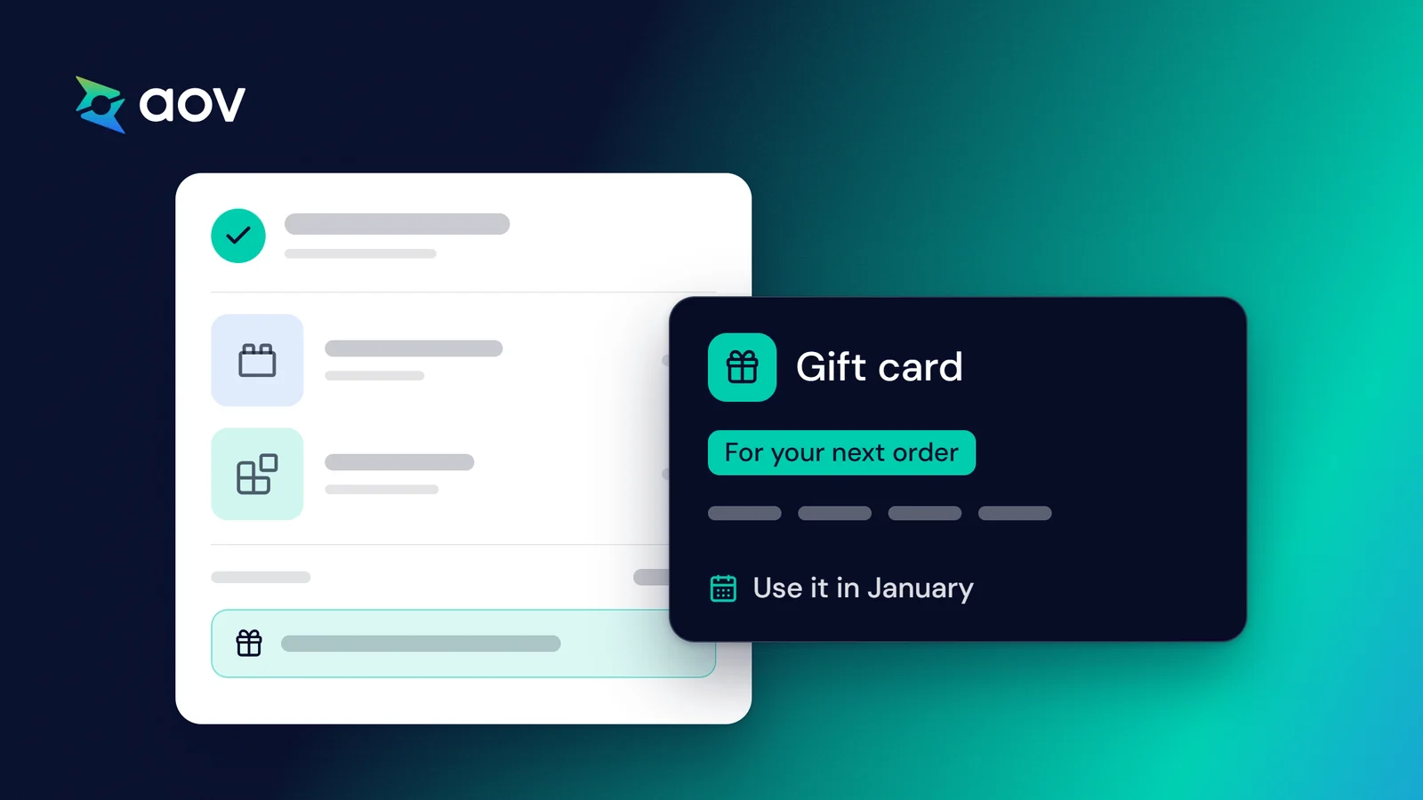 Drawing of a toy store order beside a gift card that reads For your next order and Use it in January.