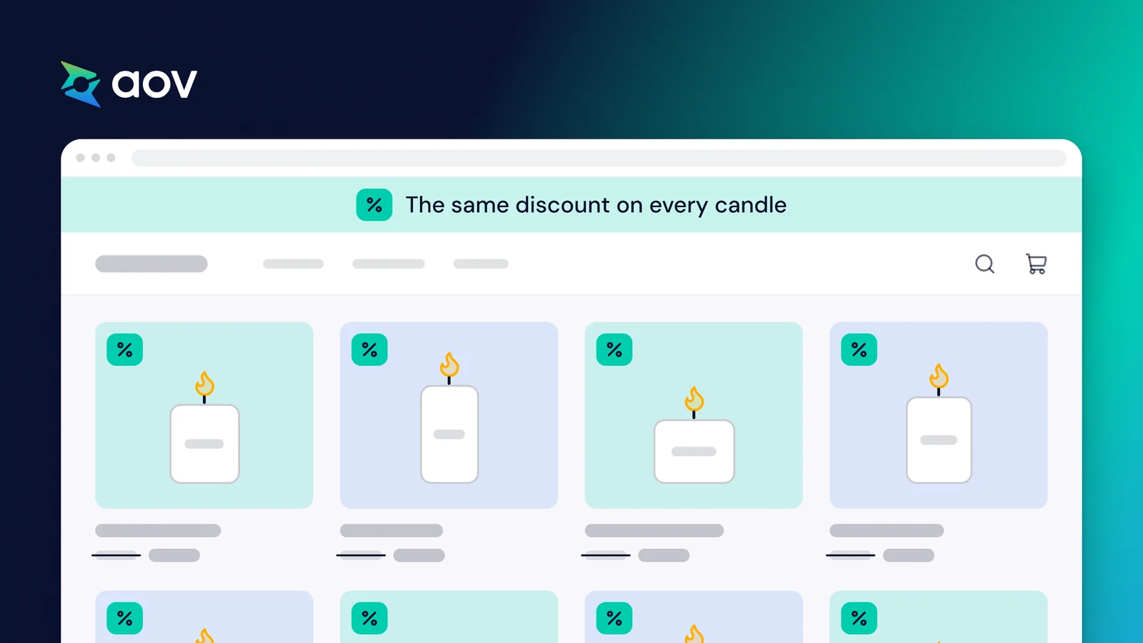 Drawing of a candle store home page: a bar reads The same discount on every candle, and each product has a percent tag.