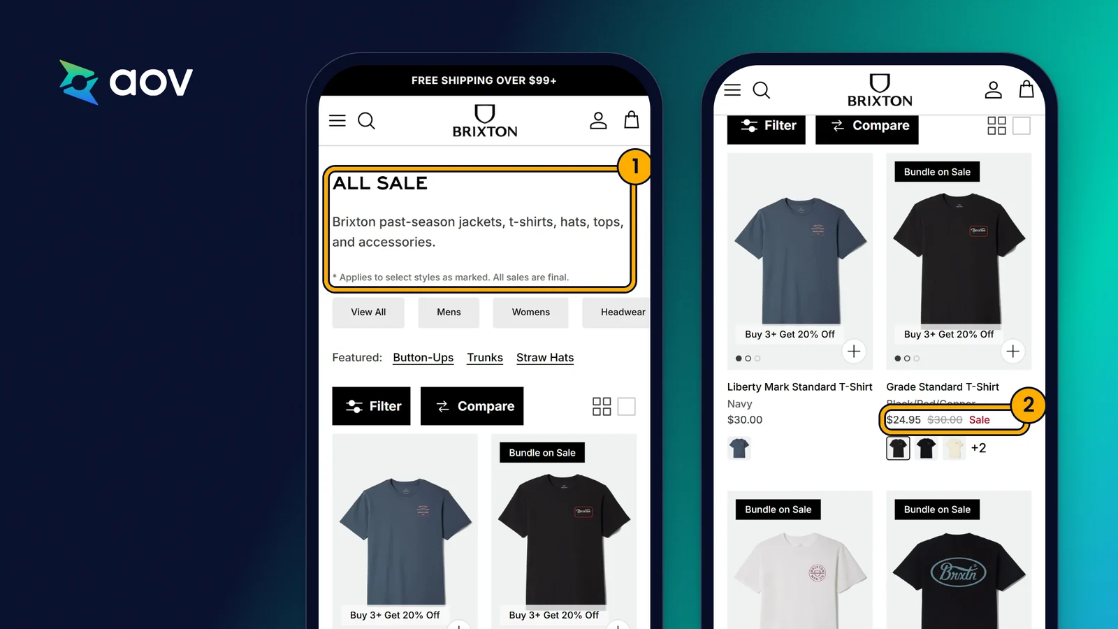 Two phone screens of the Brixton sale collection: past-season styles in one collection, and a sale price beside the old one.