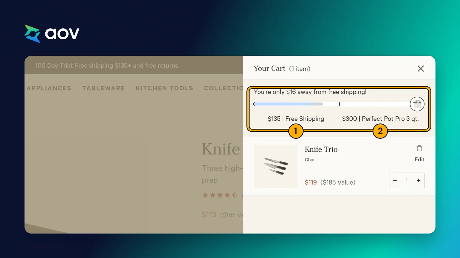 Cart of the Our Place store with a progress bar that has two levels: free shipping at $135 and a free pot at $300.