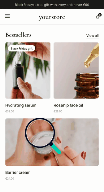 A magnifying glass moves over a store page on a phone and marks two prices set in small text.
