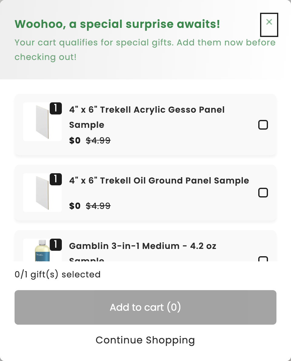 Gift picker on the Trekell storefront listing free sample panels and a medium at zero dollars