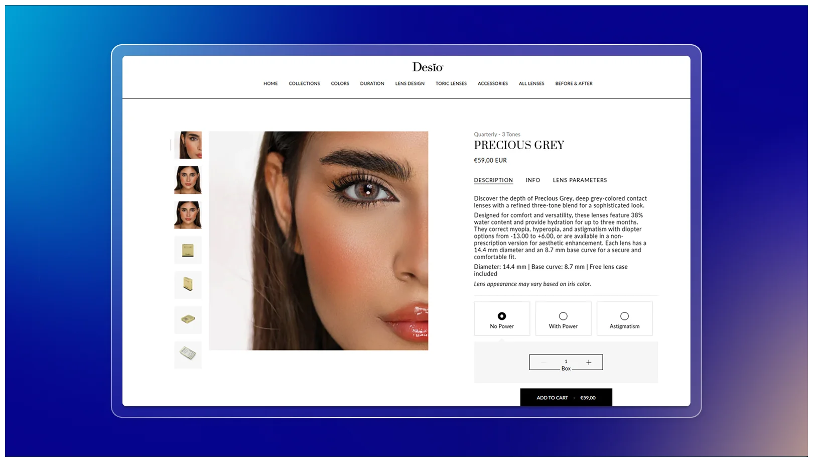 Desio gift campaign popup interface for contact lens purchases