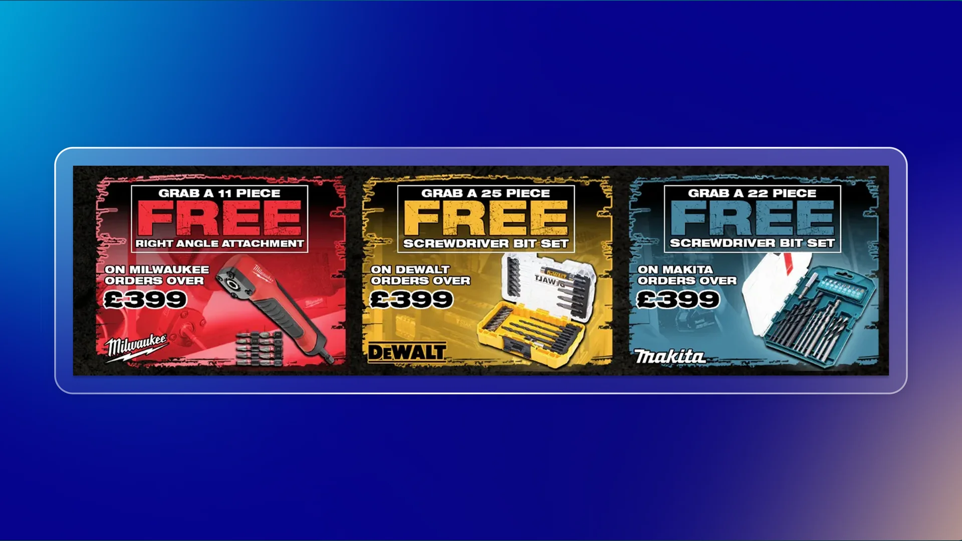 Tools4Trade gift-with-collection campaign banners for Milwaukee, DeWalt, and Makita