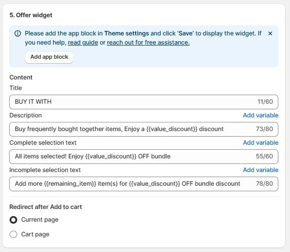 AOV Bundle widget setup showing editable titles, descriptions, and dynamic bundle discount messages for the storefront.