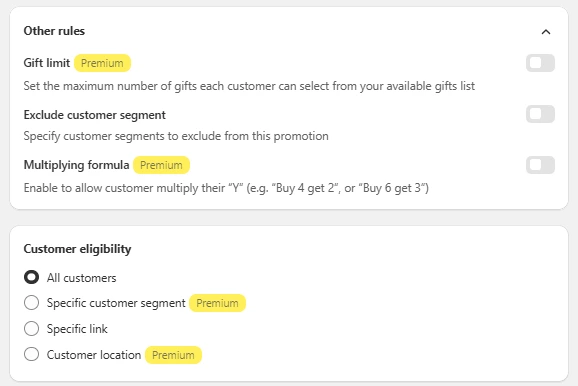 Premium rule options in Shopify Buy X Get Y campaign such as gift limits and multiplying formulas
