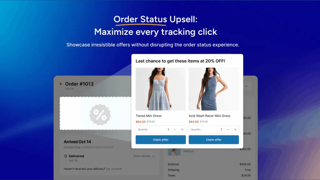 Shopify order tracking page with post-purchase upsell offers