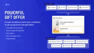 Shopify free gift configuration interface with dynamic conditions like cart value, product type, and customer tags.