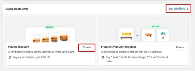 AOV Bundle dashboard showing overview of revenue, cart drawer setup, and quick-create options for volume discount and frequently bought together offers.