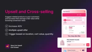 Opus Cart Upsell app showing product recommendations based on cart value and location