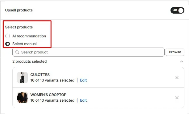 Shopify in-cart upsell settings with manual product selection enabled for recommended items in the cart drawer.