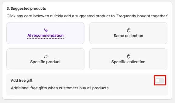 Suggested product options for frequently bought together bundles in AOV Bundle, including AI recommendations, same collection, or adding free gifts.