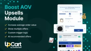 UpCart upsell module showing AI offers, countdown timers, and free shipping triggers