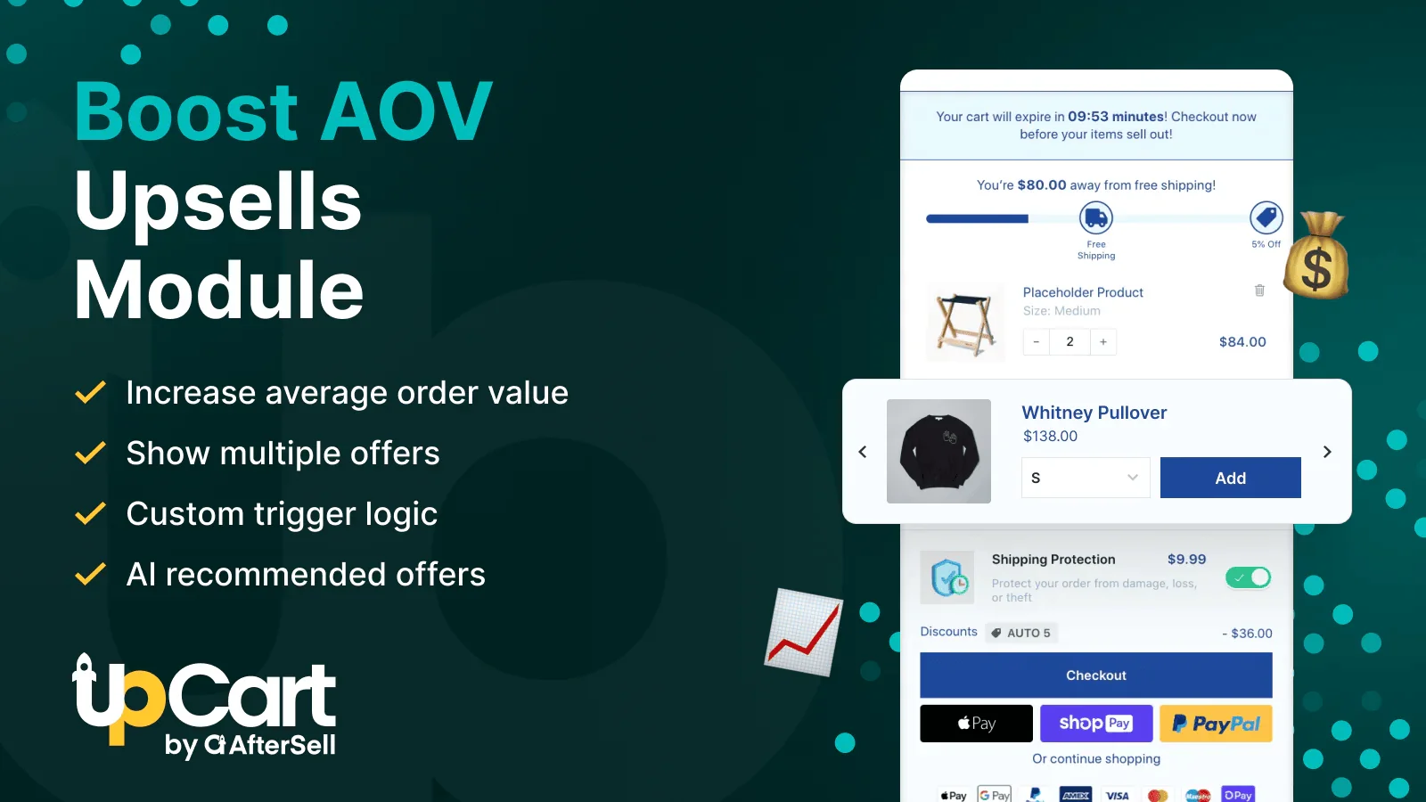 UpCart upsell module maximizes conversions with smart cart drawer upsells, custom triggers, and urgency features.