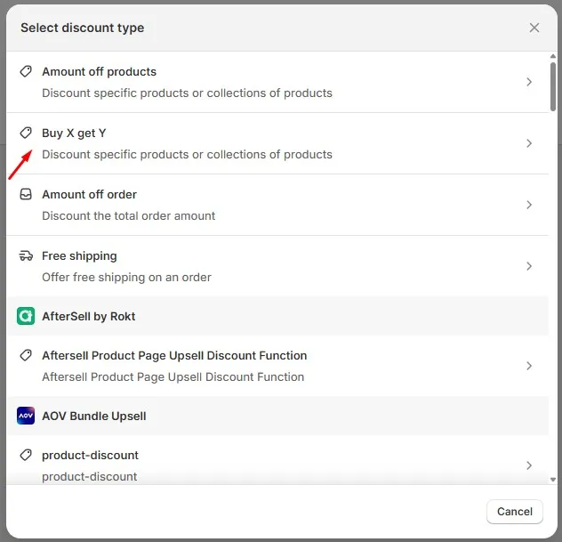 Shopify Discounts dashboard showing the selection of the “Buy X get Y” discount type to create a product-based promotion