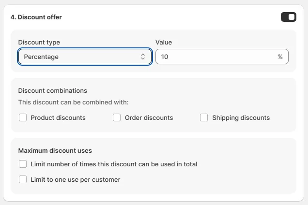 Shopify bundle discount configuration screen showing 10% percentage-based discount for Frequently Bought Together offers using AOV app.
