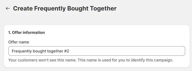 Shopify backend showing “Frequently Bought Together” offer creation using AOV with selected trigger products.