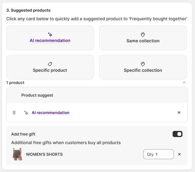 Suggested product interface with AI recommendations and optional free gift settings in AOV app.