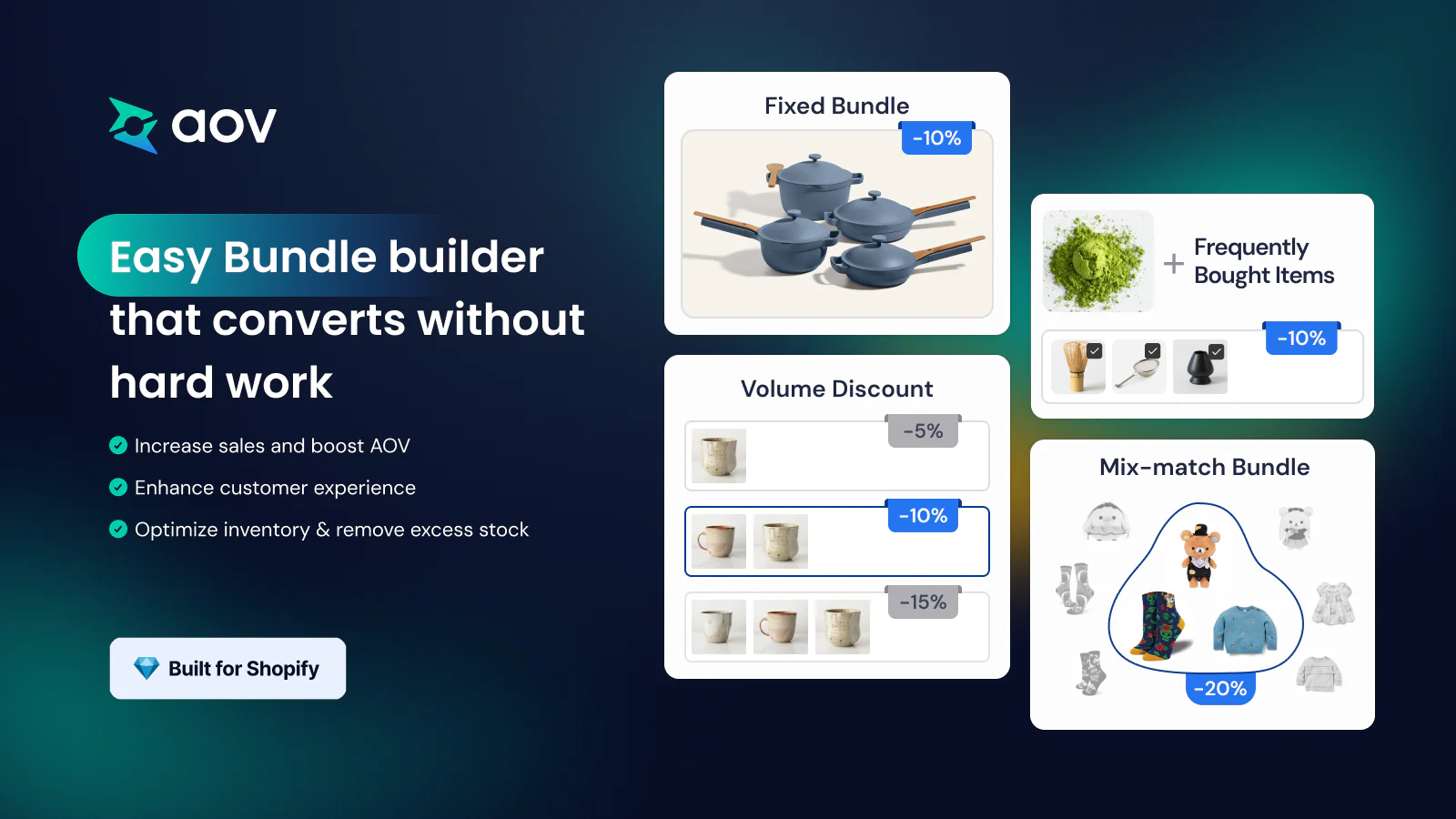 AOV Volume Bundles Discount app features to increase sales on Shopify.