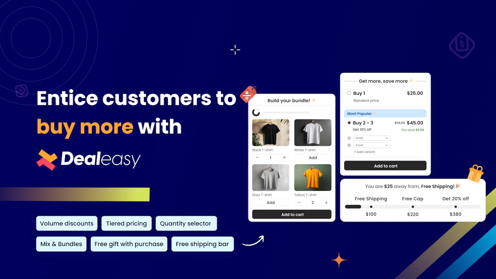 Dealeasy app interface showing bundle builder, tiered pricing, and free shipping progress bar.