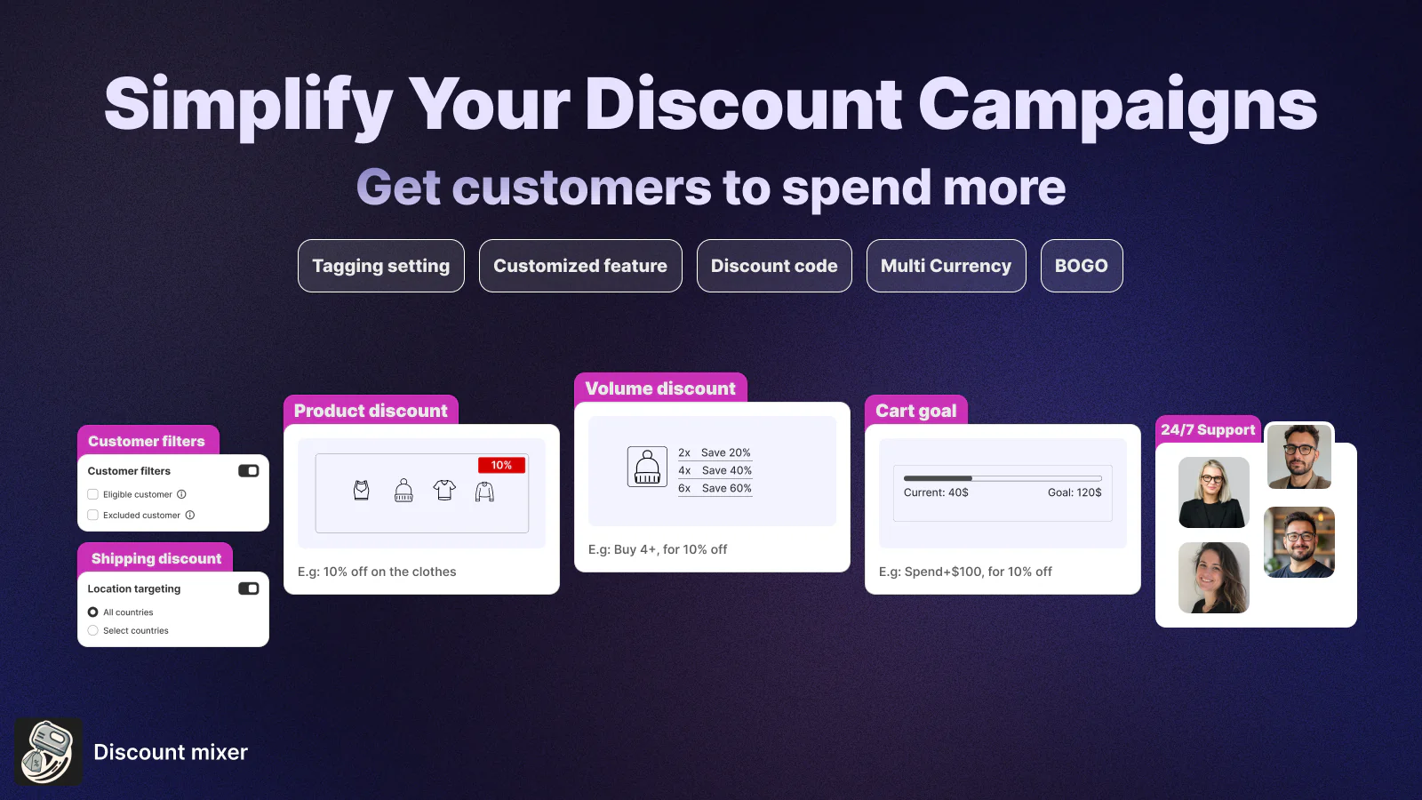 Discount Mixer dashboard showing cart goals, customer filters, product and volume discounts.
