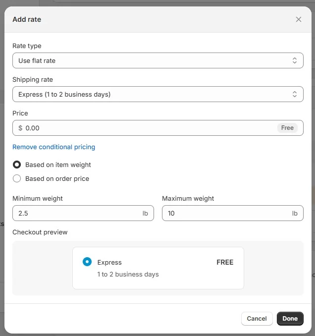 Shopify shipping rate settings showing a free express shipping option for orders between 2.5 lb and 10 lb.
