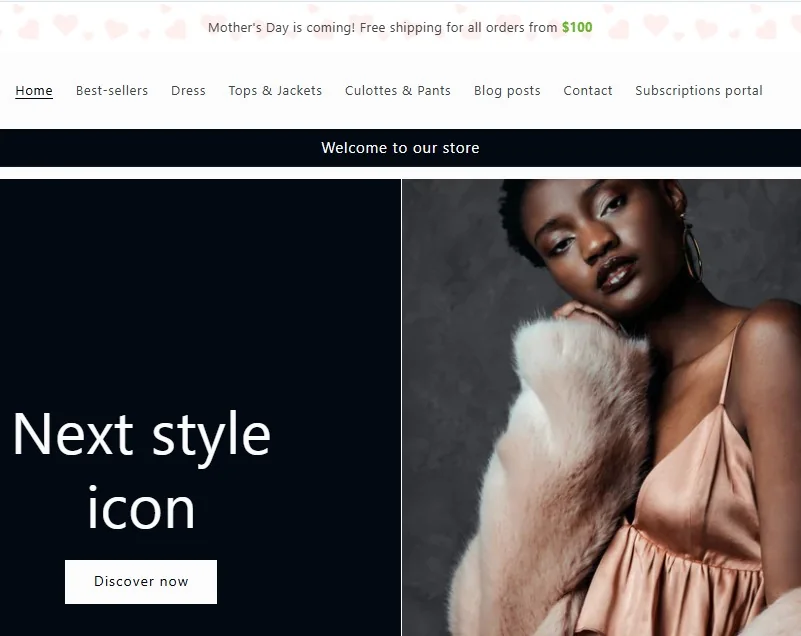Shopify storefront with an announcement bar offering free shipping for orders over $100 for Mother's Day.