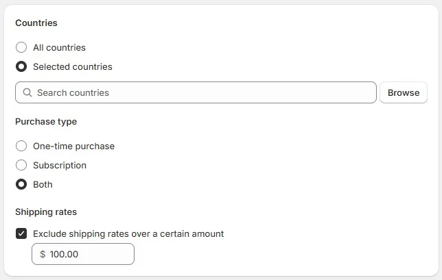 Free shipping discount settings in Shopify with selected countries and a $100 shipping rate exclusion rule.