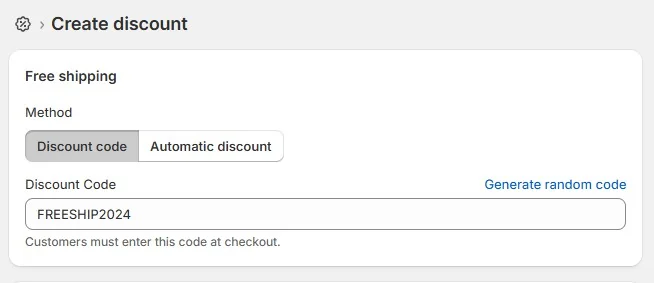 Shopify discount creation page with a free shipping code 'FREESHIP2024' set under the discount code method.