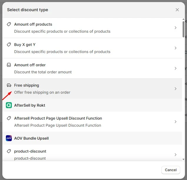 Shopify discount settings with “Free shipping” selected as the discount type option.
