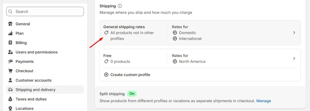 Shipping and delivery settings in Shopify admin with a red arrow pointing to 'General shipping rates' for products not in custom profiles.