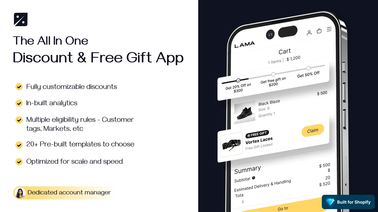 Kite: Discount & Free Gift app interface on mobile showing tiered cart-based rewards, including discounts and free gifts for Shopify orders.