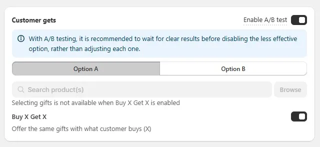 Shopify gift campaign setup for AOV app, displaying settings for Buy X Get X offers.