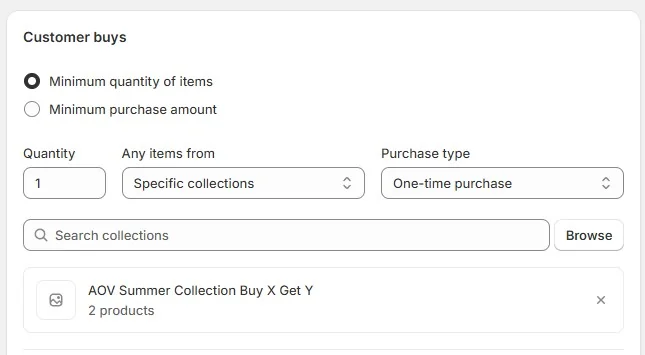 Shopify discount rule setup screen showing customer must buy 1 item from a specific collection to trigger the bundle offer.
