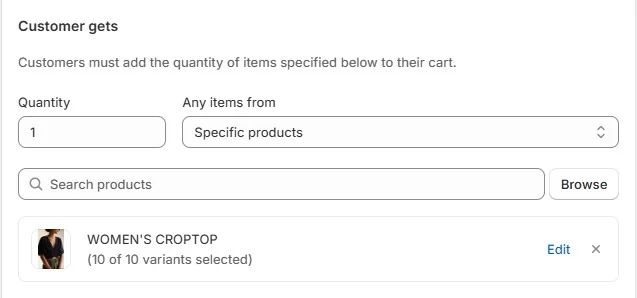 Shopify discount configuration for Buy X Get Y using automatic discount with a titled campaign “Buy X Get Y Summer Collection.”