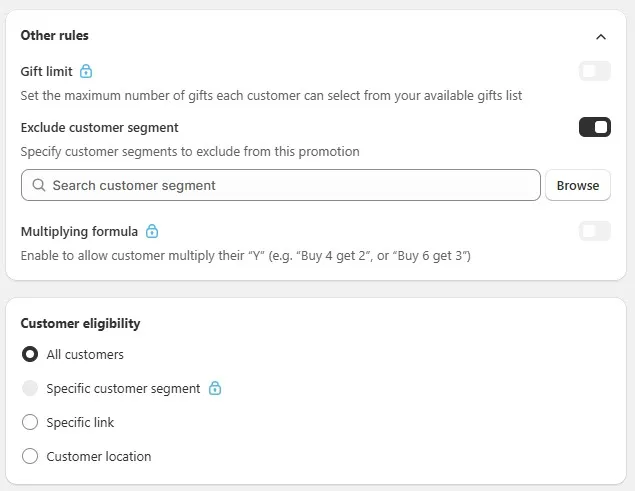 Advanced settings for managing BXGY promotions in Shopify, including rules for gift limits, customer exclusions, and eligibility criteria.
