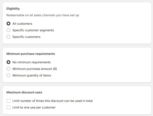 Shopify discount setup screen showing eligibility, minimum purchase requirements, and usage limits.