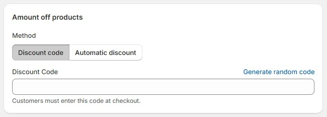 Shopify interface showing option to choose between discount code and automatic discount for amount off products.