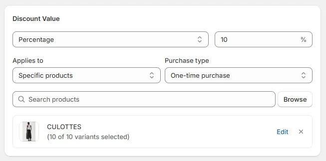 Shopify discount builder showing a 10% discount on selected product variants with one-time purchase option.