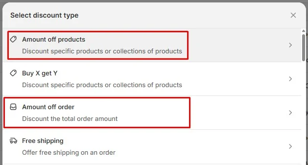Shopify admin interface showing discount types: amount off products, amount off order, buy X get Y, and free shipping.