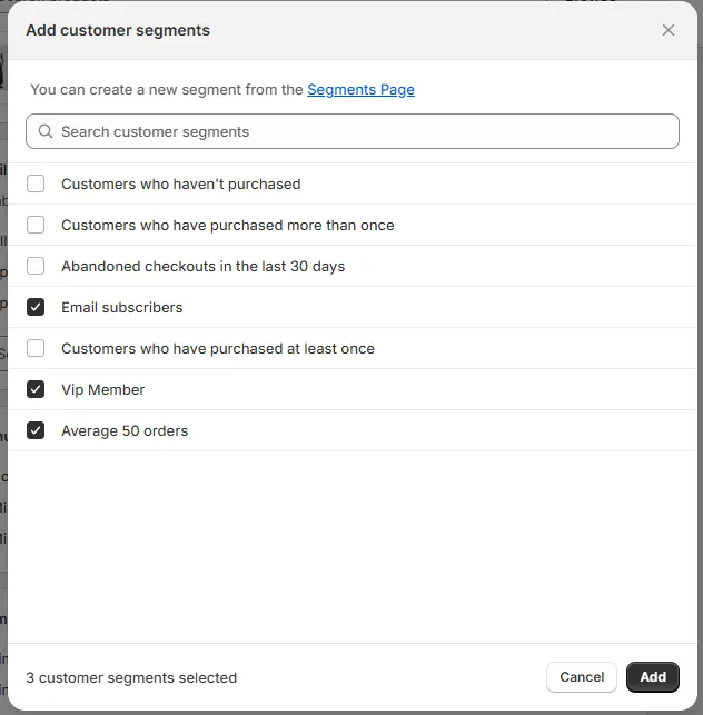 Add your customer segment among the tag list on Shopify's native tool.