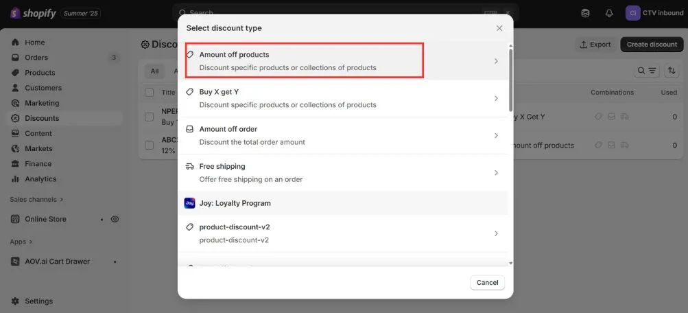 Choose Amount off order for order discounts on Shopify