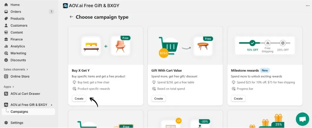 Choose campaign type for Buy X get Y on Shopify